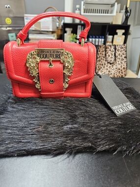 Versace Jeans Collection Red Leather Mini Satchel with Gold Hardware